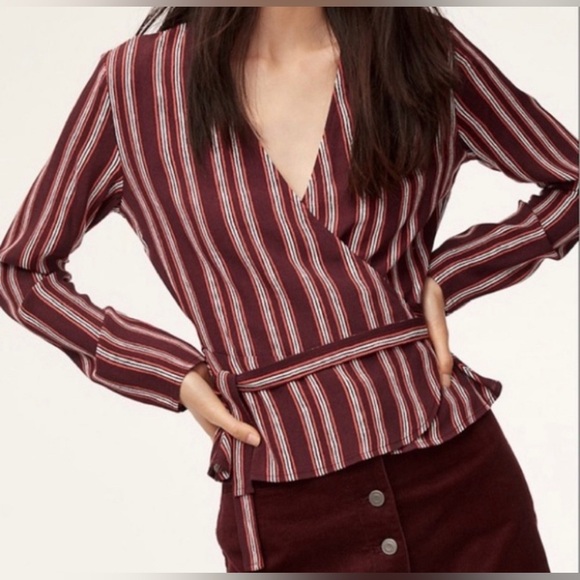 Wilfred Tops - Wilfred Free Shannon Wrap Blouse Tie Front Short Burgundy Striped Peplum Sz. S